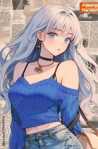 A cute girl with silver hair, wearing a blue top and jeans in the style of anime aesthetic fashion art
