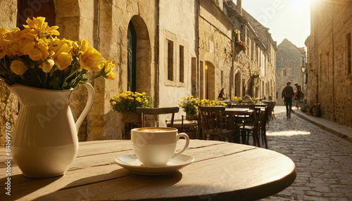 Fototapeta Naklejka Na Ścianę i Meble -  A single cup of coffee sits on a wooden table outside a cafe, with a cobblestone street and historic buildings in the background
