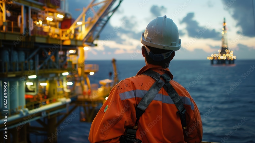 An oil worker is standing on an offshore platform, looking out at the ocean An oil worker is standing on an offshore platform, looking out at the ocean
