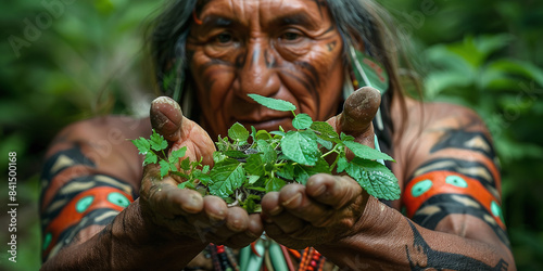 A Native American medicine man uses herbs to heal and nourish the tribe, observing the cycle of life and death. photo