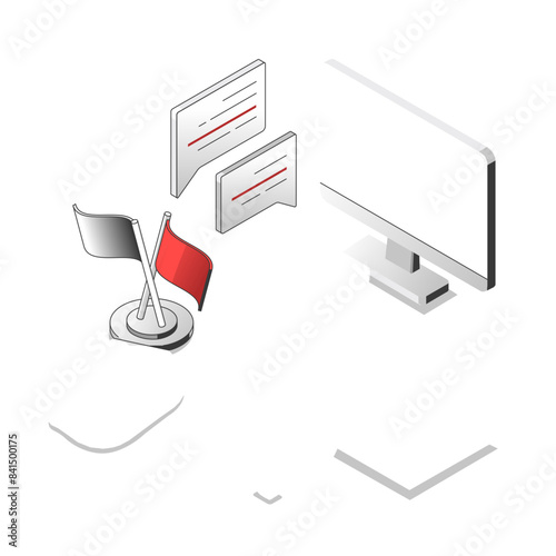 Election and voting - isometric black and red line illustration. Politics, public speaking and electioneering concept. Microphone, candidate, speaker, flags, megaphone, rating illustration
