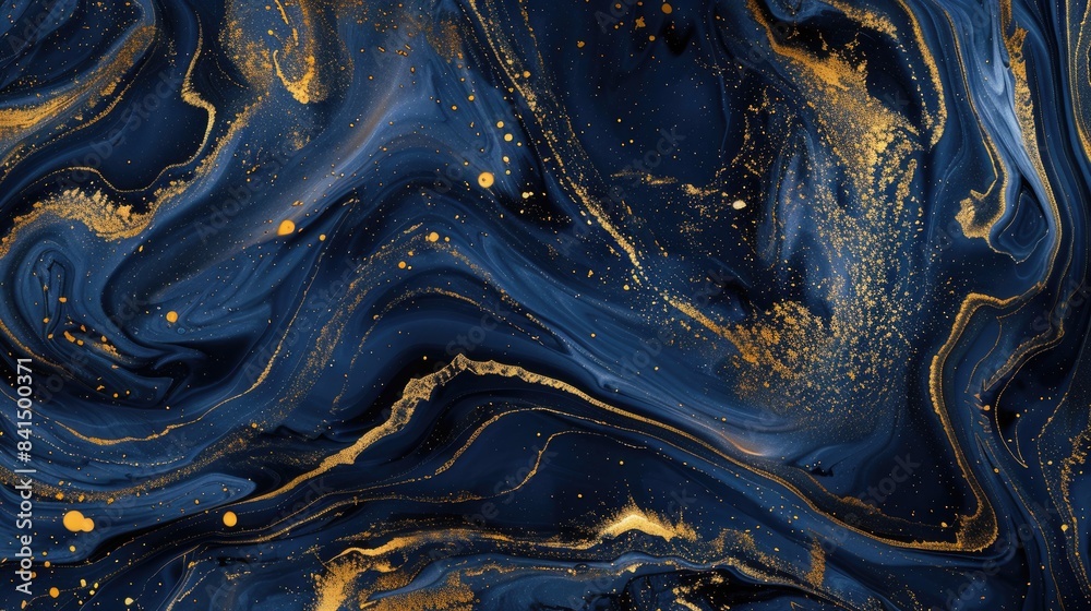 Elegant marbled ink texture in gold and navy blue, showcasing dark waves and splashes of gold paint. Elegant marbled ink texture in gold and navy blue, showcasing dark waves and splashes of gold paint.