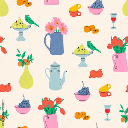 Classical still life picture elements. Flowers in vase, fruits on plate, jug with drink, cups. Hand drawn colorful Vector illustration. Square seamless Pattern, background, wallpaper