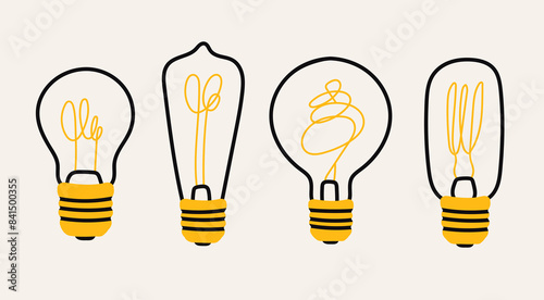 Various Light bulbs. Cartoon flat style. Idea, creativity, innovation, inspiration, invention concept. Hand drawn modern Vector illustration. Isolated design elements