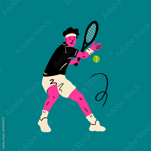 Man playing Tennis. Person moving in action. Sportsman holding racket and hitting ball. Isolated design element. Cartoon flat style. Hand drawn modern Vector illustration. Logo, icon, print template