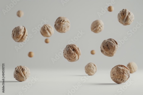 Floating walnuts in motion on a neutral background