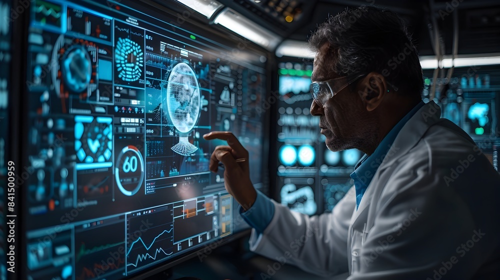 Scientist Working in a High Tech Lab with Advanced Equipment and Digital Displays Technology Concept Scientist Working in a High Tech Lab with Advanced Equipment and Digital Displays Technology Concept