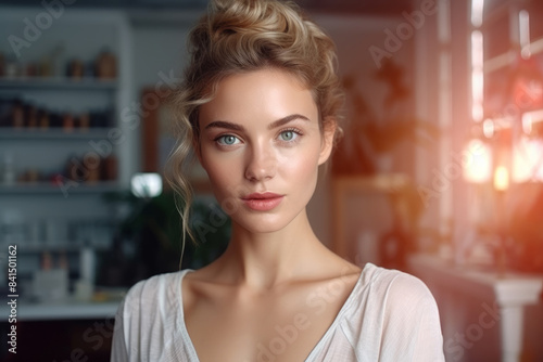 An attractive young woman in her bedroom against the background of a dressing table with cosmetics. 