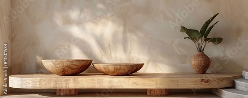 Sunlight illuminating a minimalist interior design with wooden bowls and a plant on a shelf