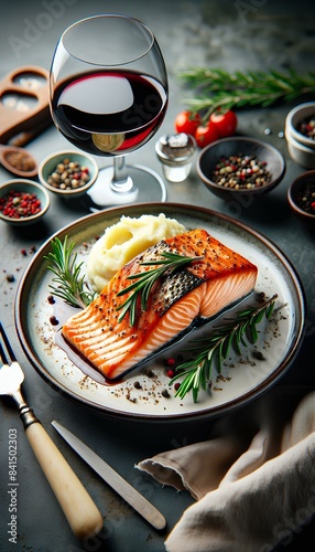 A salmon steak with a sprig of rosemary on top. There is a glass of red wine and a plate of mashed potatoes on the table photo