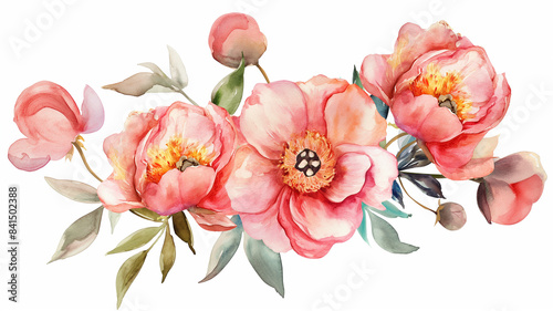 Watercolor beautiful pale pink peony flowers isolated. Beautiful flowers for wedding and invitation..