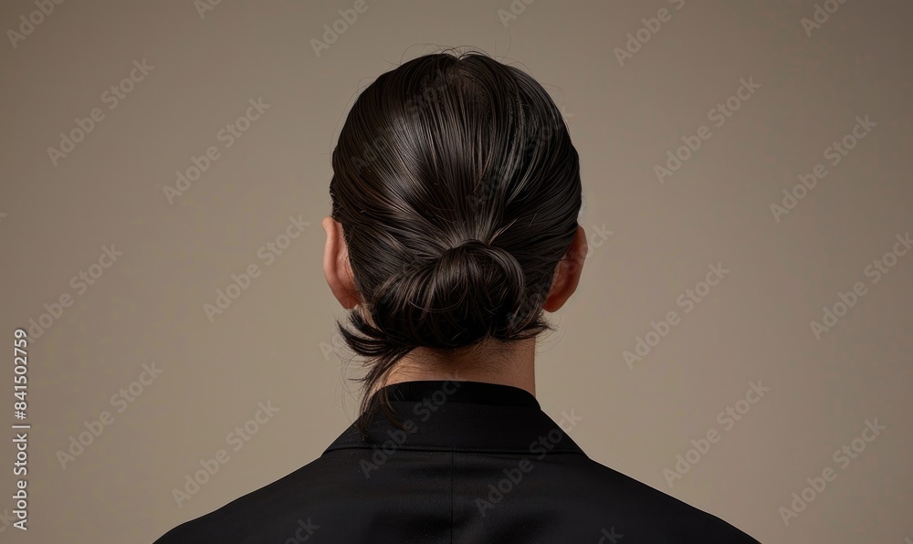 A man with chestnut brown hair on neutral background, back view