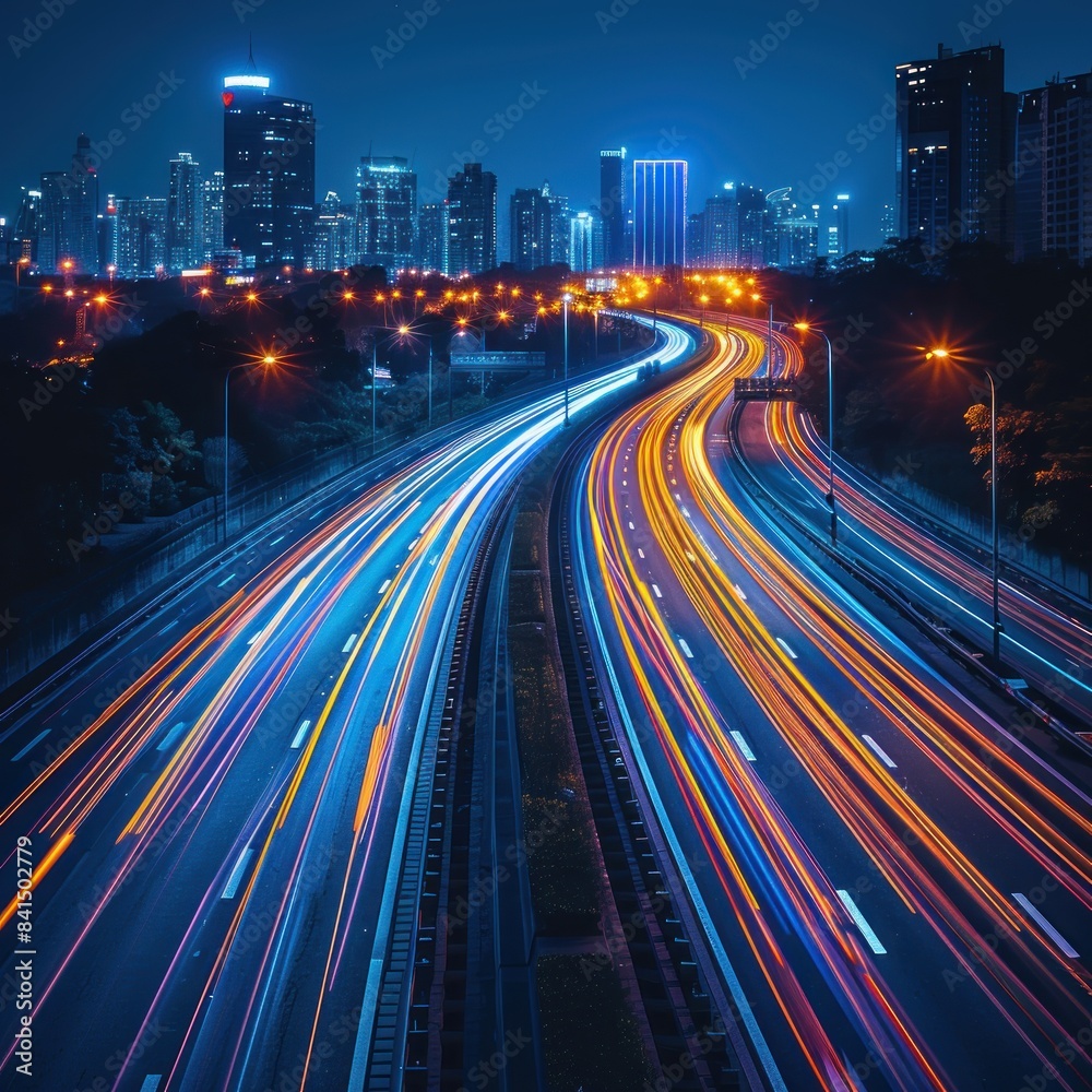 Obraz premium High-speed light trails moving blurred against the city skyline background, representing fast digital technology and urban life. Abstract concept of speed on the highway with long exposure effect.