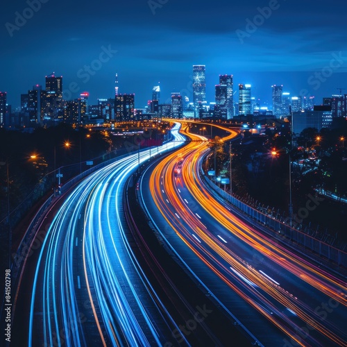 High-speed light trails moving blurred against the city skyline background, representing fast digital technology and urban life. Abstract concept of speed on the highway with long exposure effect.