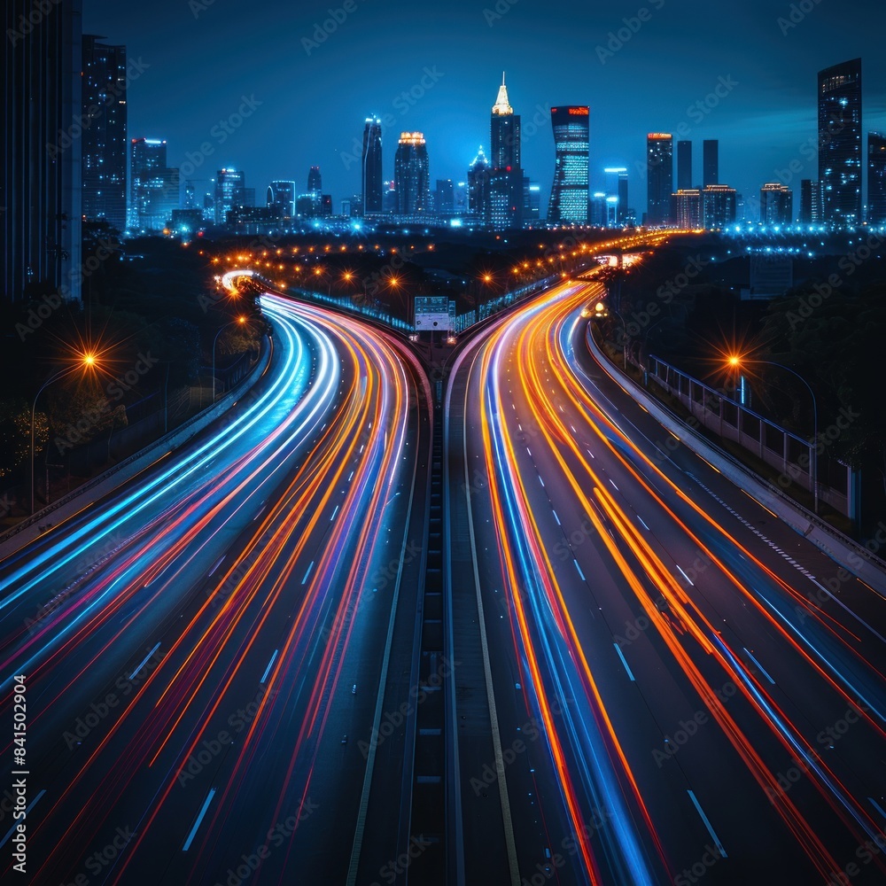 Obraz premium High-speed light trails moving blurred against the city skyline background, representing fast digital technology and urban life. Abstract concept of speed on the highway with long exposure effect.