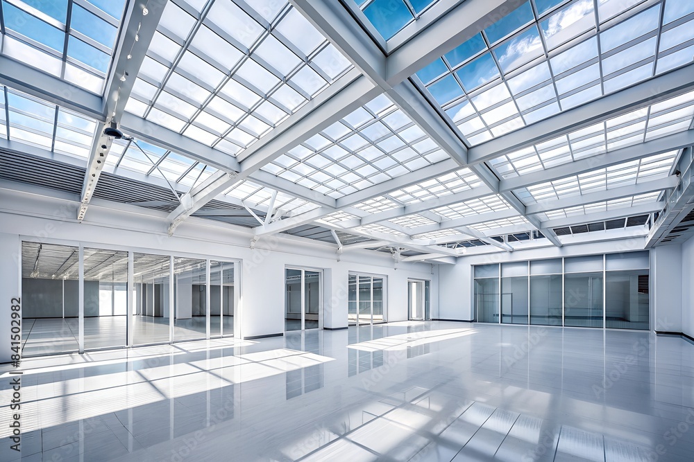 large, empty room with a glass roof. the room is lit by natural sunlight. the floor is made of white tiles, and the walls are white. the room is empty, except for a few chairs and tables. large, empty room with a glass roof. the room is lit by natural sunlight. the floor is made of white tiles, and the walls are white. the room is empty, except for a few chairs and tables.