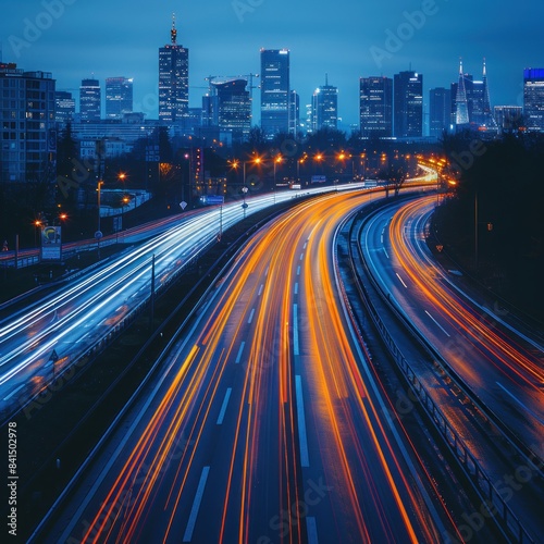 High-speed light trails moving blurred against the city skyline background, representing fast digital technology and urban life. Abstract concept of speed on the highway with long exposure effect.