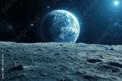 Breathtaking view of earth rising above the moon's barren surface against the backdrop of space