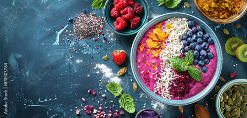 A colorful smoothie bowl adorned with a variety of toppings, focusing on the health and beauty of superfoods.