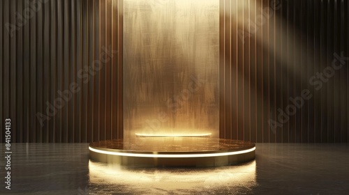Luxurious gold light beams illuminating an elegant podium, ideal for showcasing high-end items in a premium environment.