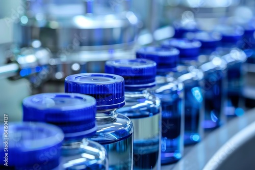 Close-up of blue vials in pharmaceutical production line