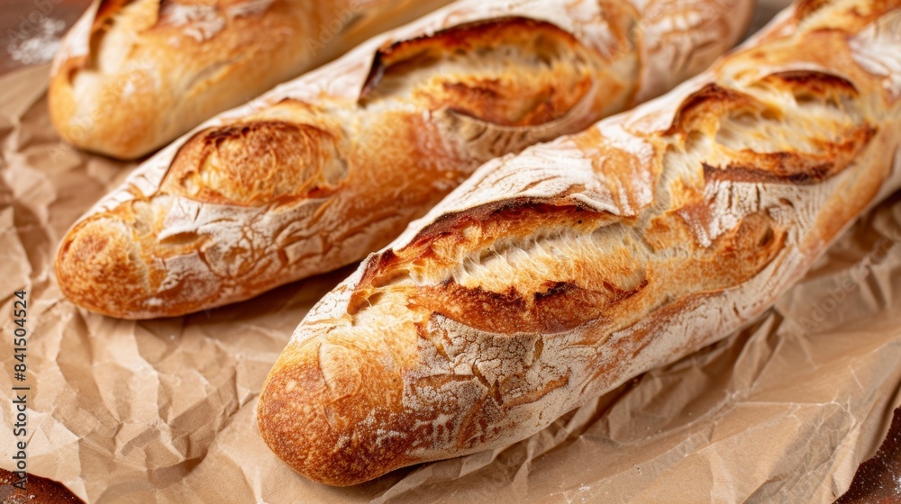 Freshly baked artisan baguettes on rustic paper Freshly baked artisan baguettes on rustic paper