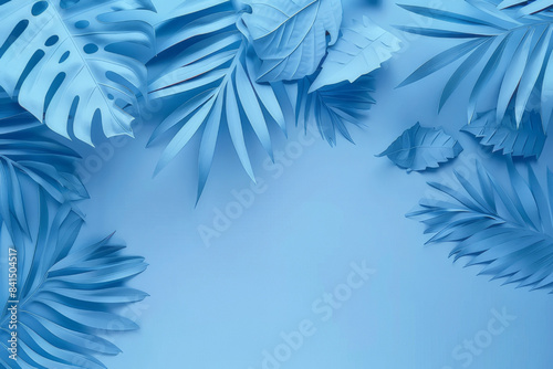Blue background, tropical leaves, paper cut style, flat lay