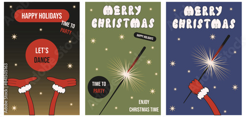 Christmas joyful holiday Poster Covers set with sparklers. Trendy Groovy style party invitation flyer collection. Bengal Fire flat festive card.