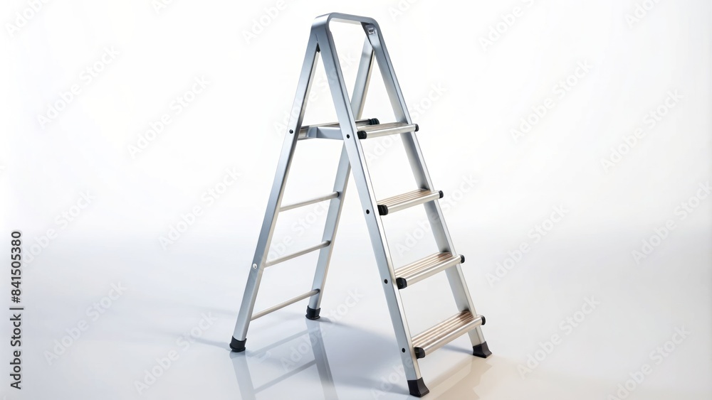 isolated white background features a portable ladder, its aluminum frame and rungs gleaming, standing upright, waiting for a task to be accomplished. isolated white background features a portable ladder, its aluminum frame and rungs gleaming, standing upright, waiting for a task to be accomplished.