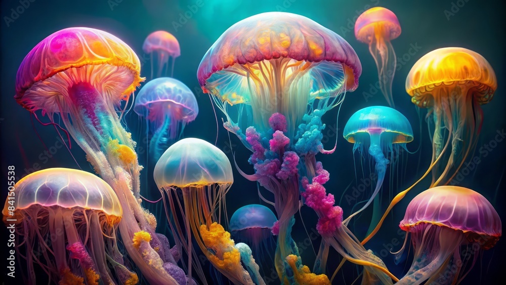 Vibrant, translucent jellyfish in shades of pink, blue, and yellow float weightlessly on a transparent background, their delicate tendrils wafting softly. Vibrant, translucent jellyfish in shades of pink, blue, and yellow float weightlessly on a transparent background, their delicate tendrils wafting softly.