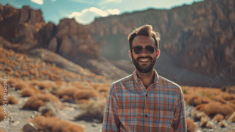 Smiling man with sunglasses standing in desert mountains Smiling man with sunglasses standing in desert mountains