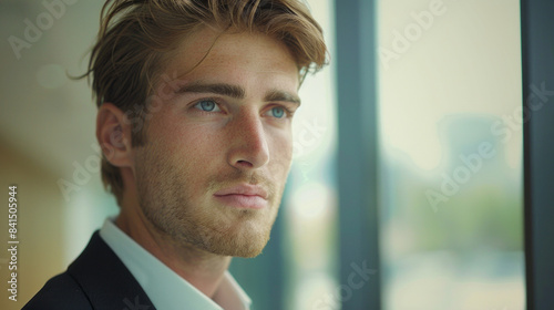 Portrait of a young businessman looking thoughtfully out a window © standret