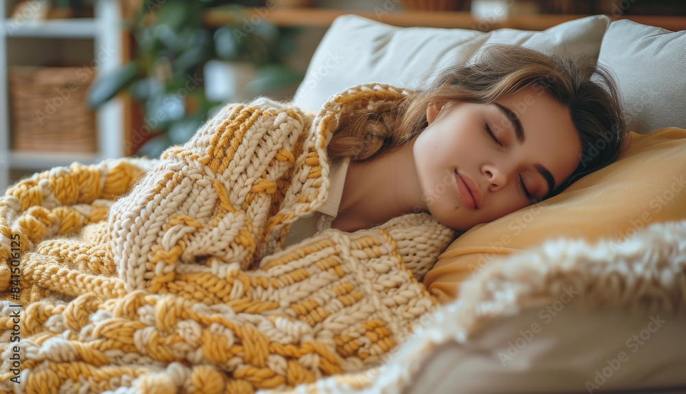 On a couch covered in a blanket, a sick woman takes a nap. Generative AI. On a couch covered in a blanket, a sick woman takes a nap. Generative AI.