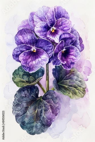 Illustrate a detailed, rear view of an African Violet in a traditional watercolor style on a white background photo