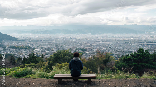 Rearview of tourist sitting on hilltop bench overlooking city