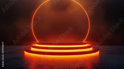 Neon orange glowing podium on dark futuristic stage, perfect for modern showroom product showcases. 3D rendering mock-up template