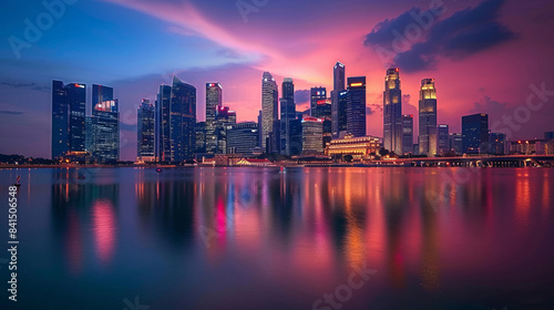 Singapore skyline at dusk with colorful reflections on water