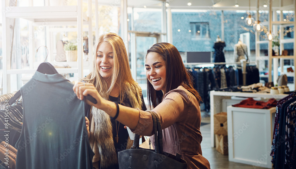 Fashion shopping and friends with decision for clothes sales and discount promotion at mall. Smile retail shop and customer with fabric at boutique for purchase choice with women or girls laughing