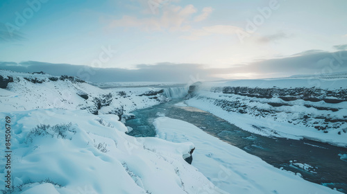 Snow-covered winter landscape with river and waterfall © standret