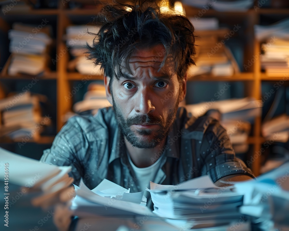 Overworked and Exhausted Businessman Staring at Computer Screen Amidst Cluttered Workspace Overworked and Exhausted Businessman Staring at Computer Screen Amidst Cluttered Workspace