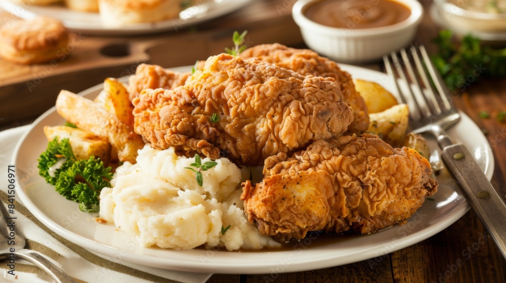 A plate of crispy fried chicken served with mashed potatoes, gravy, and buttery biscuits, a classic Southern comfort food dish that's beloved across the United States A plate of crispy fried chicken served with mashed potatoes, gravy, and buttery biscuits, a classic Southern comfort food dish that's beloved across the United States