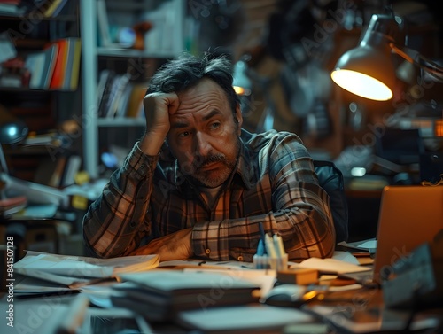 Exhausted Businessman Rests His Head on His Hand at His Cluttered Desk Late at Night