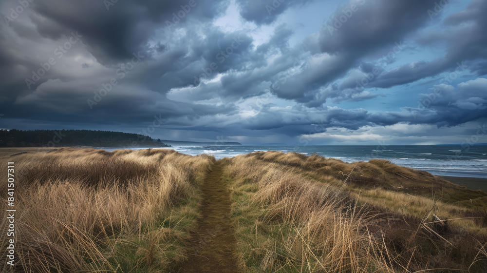 Stormy clouds over coastal trail and grassy field with ocean view Stormy clouds over coastal trail and grassy field with ocean view