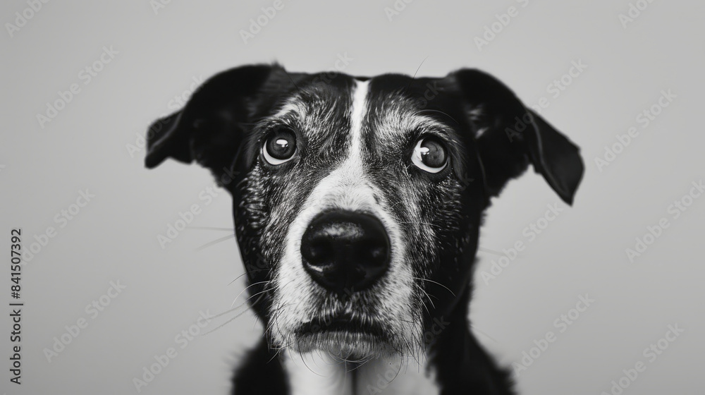 Studio headshot portrait of a black and white dog with expressive eyes Studio headshot portrait of a black and white dog with expressive eyes
