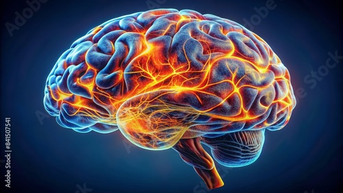 Vivid mri scan of the human brain against a dark backdrop, showcasing intricate neural networks and highlighted regions in radiant orange, perfect for educational exhibits.