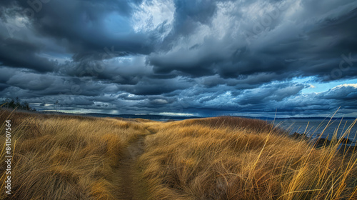Storm clouds over coastal trail and field with dramatic skies