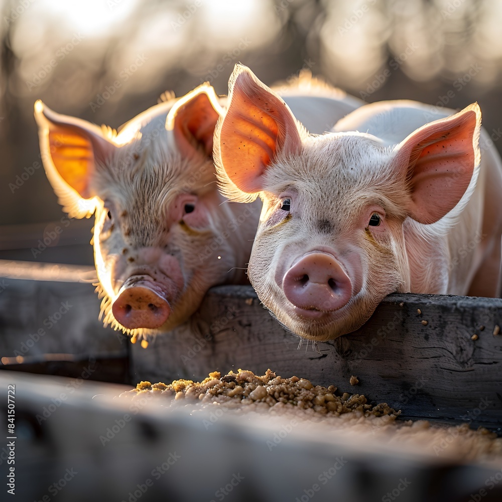 Pair of Pigs Feeding from a Spacious Pen at Golden Concept Pair of Pigs Feeding from a Spacious Pen at Golden Concept