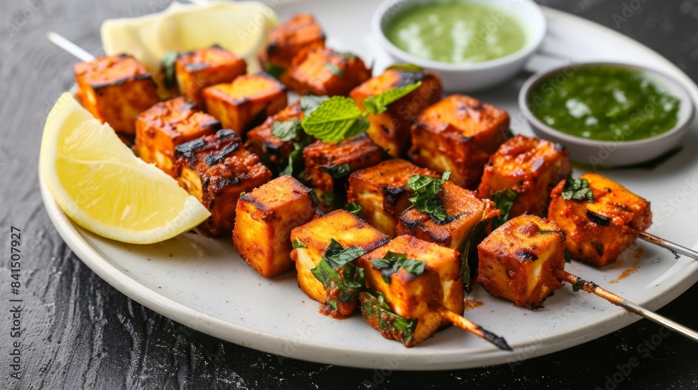 A plate of spicy and flavorful paneer tikka, featuring marinated and grilled cubes of Indian cottage cheese, served with mint chutney and lemon wedges A plate of spicy and flavorful paneer tikka, featuring marinated and grilled cubes of Indian cottage cheese, served with mint chutney and lemon wedges