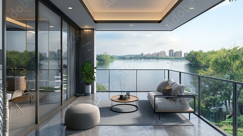 Fototapeta Naklejka Na Ścianę i Meble -  Modern balcony, coffee table, gray tile floor, background is the lake view park outside the balcony. Generative AI.