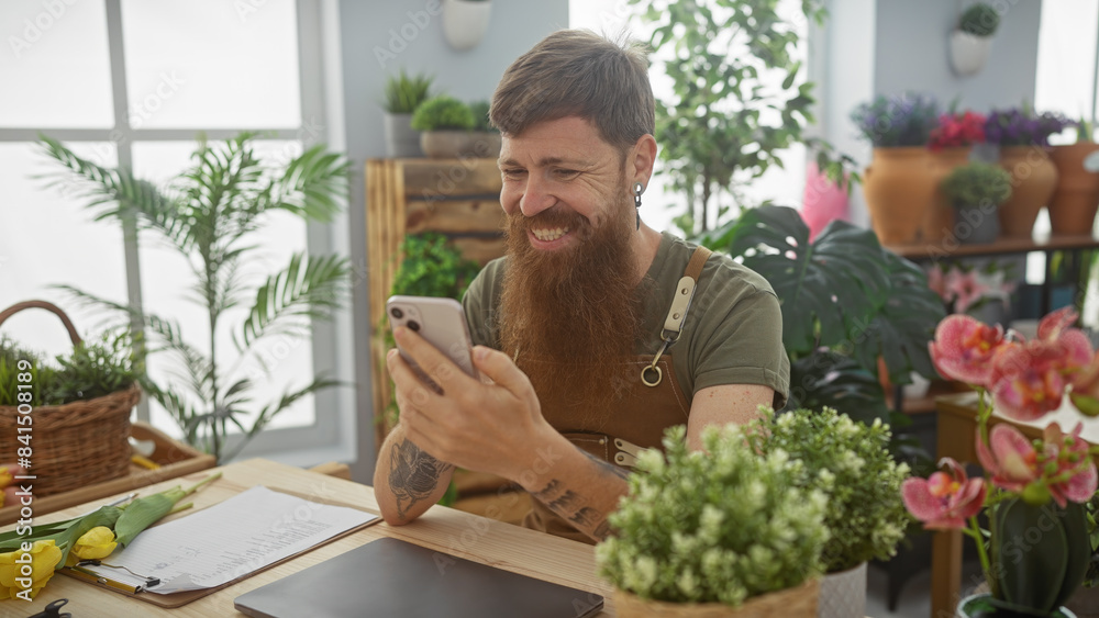 Smiling bearded man with smartphone in indoor flower shop surrounded by green plants and blooms Smiling bearded man with smartphone in indoor flower shop surrounded by green plants and blooms